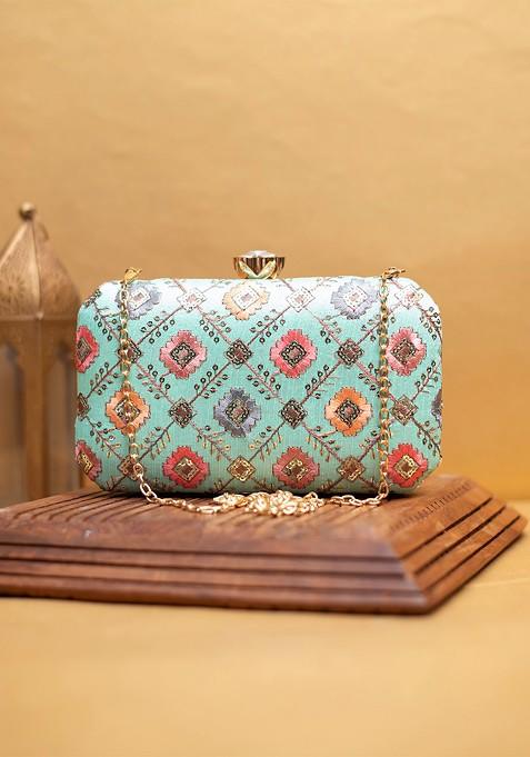 Turquoise Blue Satin Embroidered Box Clutch