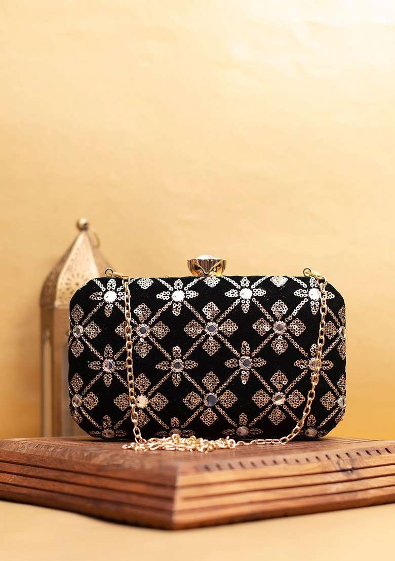 Black Satin Embroidered Sequinned Detailed Box Clutch - Indya