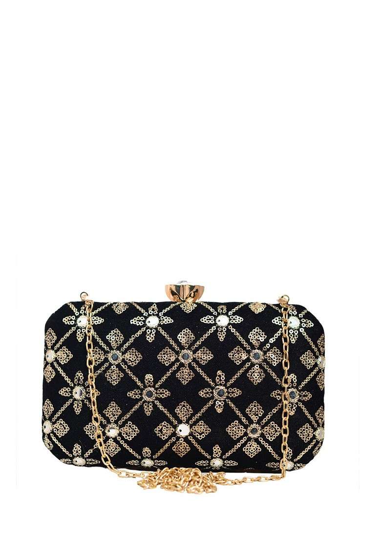 Black Satin Embroidered Sequinned Detailed Box Clutch - Indya