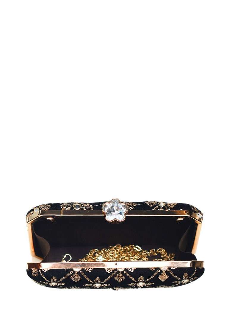Black Satin Embroidered Sequinned Detailed Box Clutch - Indya