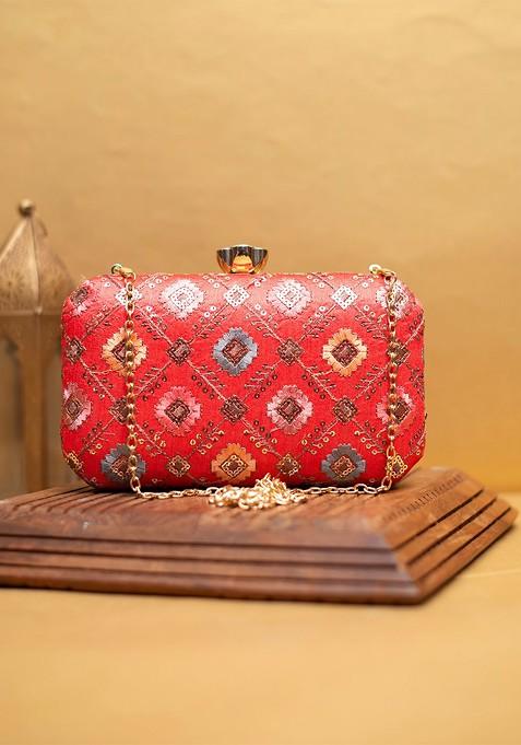 Red Satin Embroidered Box Clutch