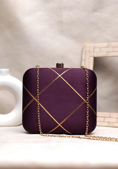 Purple Satin Embroidered Box Clutch