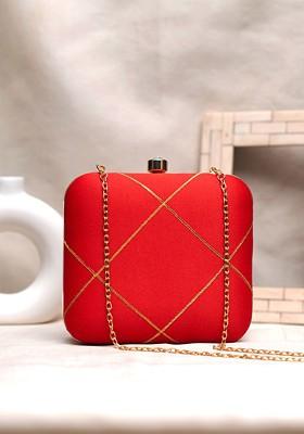 Red Satin Embroidered Box Clutch