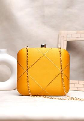 Yellow Satin Embroidered Box Clutch