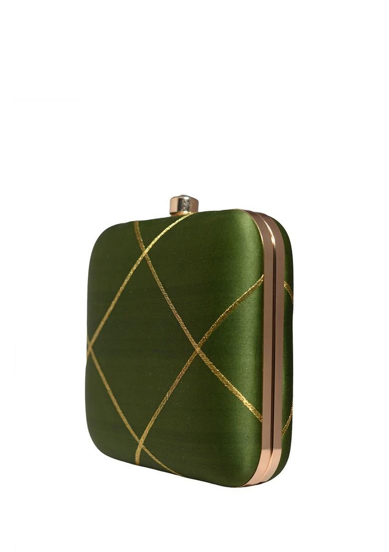 Green Satin Embroidered Box Clutch - Indya