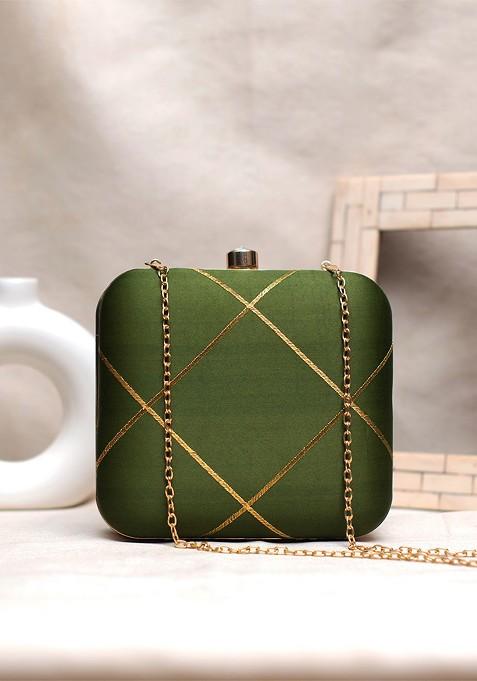 Green Satin Embroidered Box Clutch