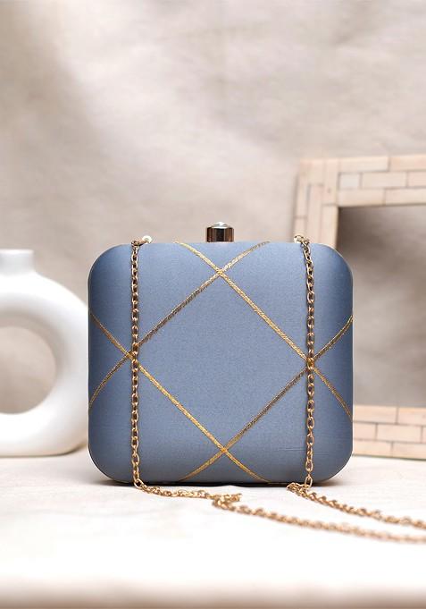 Grey Satin Embroidered Box Clutch