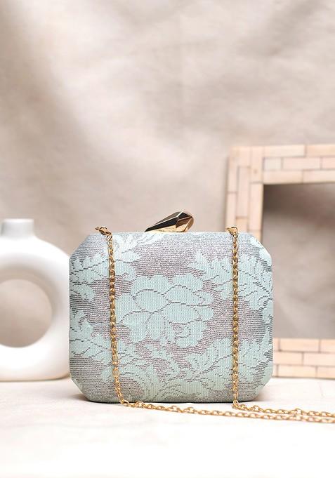 Green Fabric Floral Printed Box Clutch