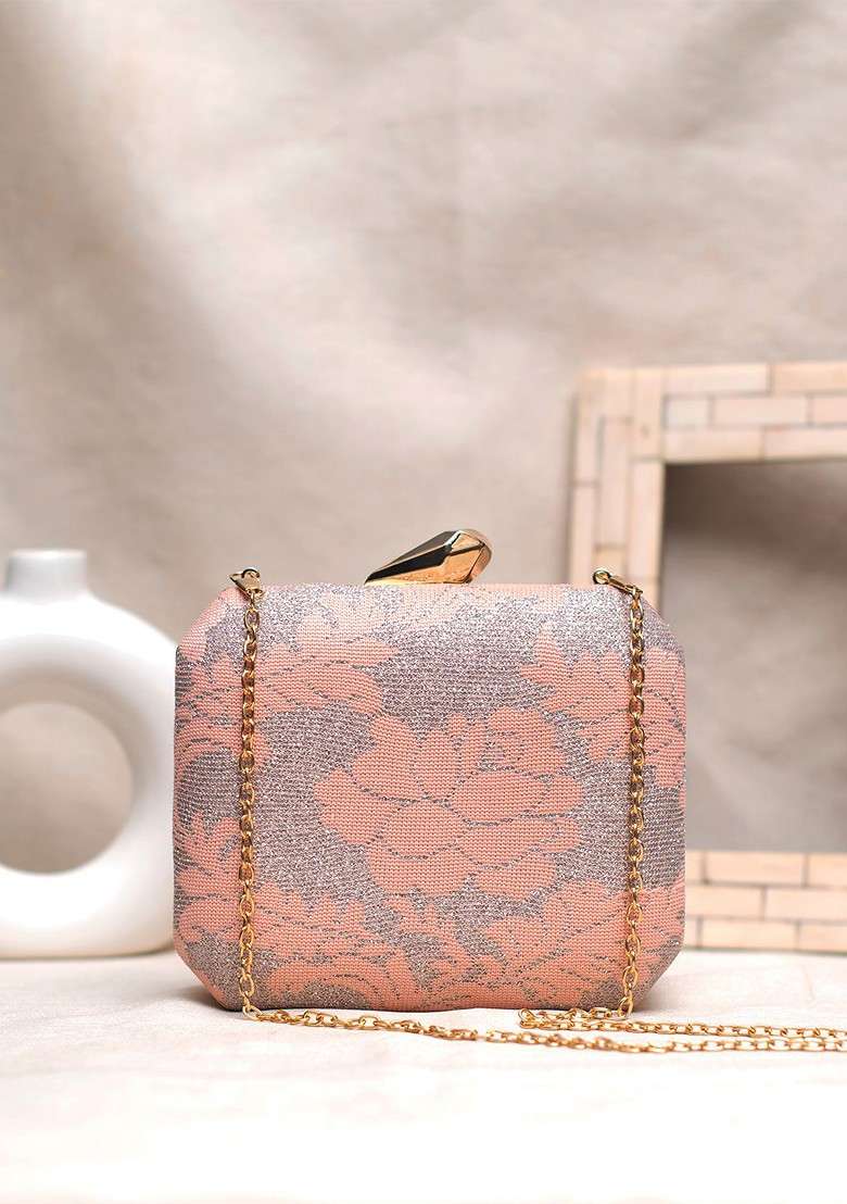 Orange Fabric Floral Printed Box Clutch - Indya
