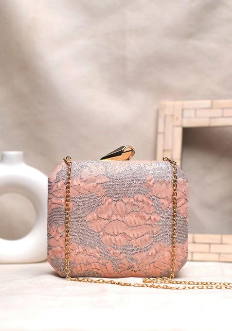 Orange Fabric Floral Printed Box Clutch