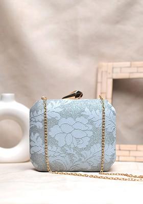 Blue Fabric Floral Printed Box Clutch
