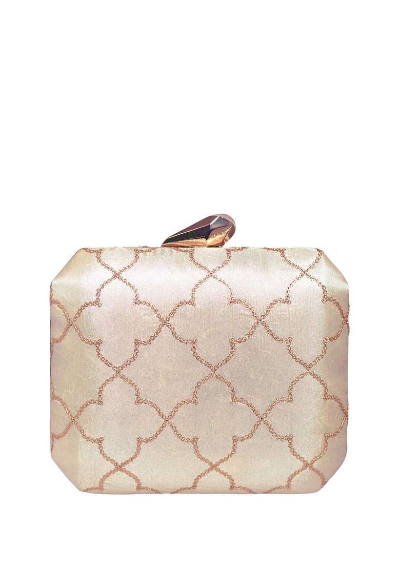Off White Satin Embroidered Box Clutch - Indya