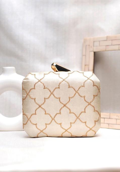 Off White Satin Embroidered Box Clutch