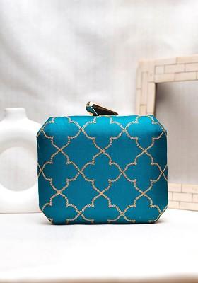 Blue Satin Embroidered Box Clutch