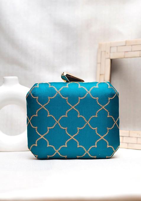 Blue Satin Embroidered Box Clutch