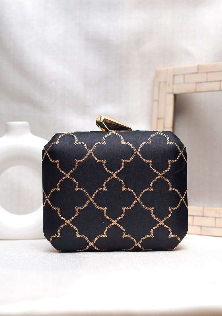 Black Satin Embroidered Box Clutch - Indya