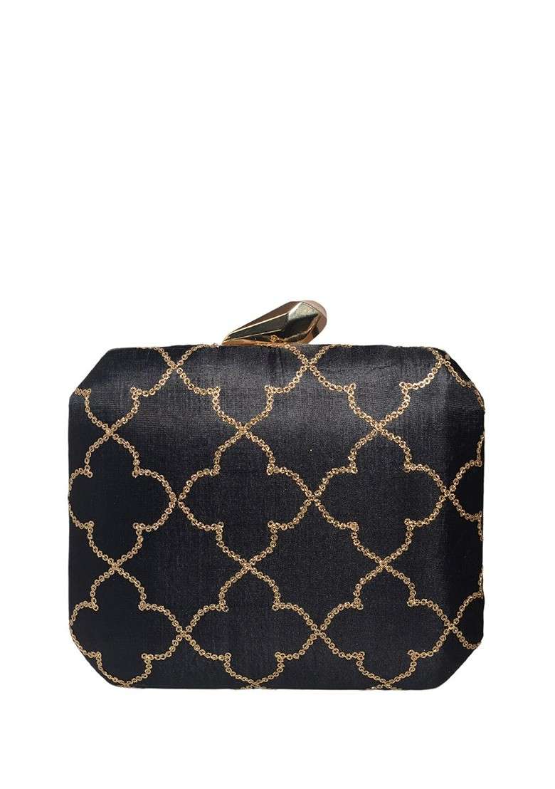 Black Satin Embroidered Box Clutch - Indya