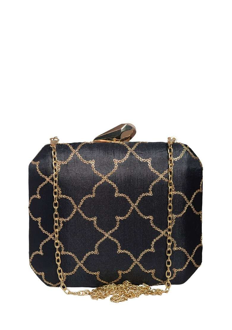 Black Satin Embroidered Box Clutch - Indya