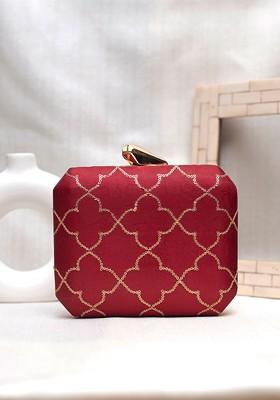 Maroon Satin Embroidered Sequined Box Clutch