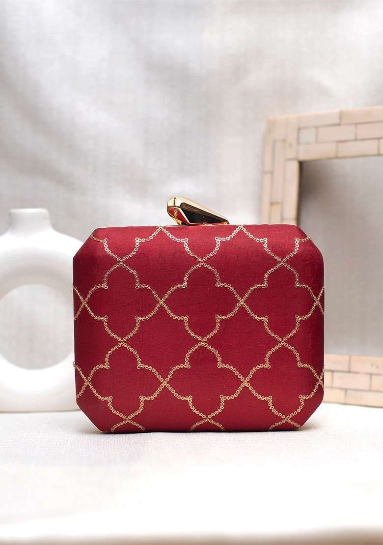 Maroon Satin Embroidered Sequined Box Clutch - Indya