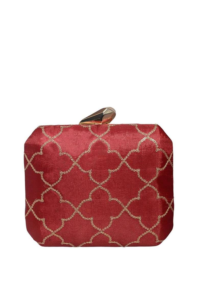 Maroon Satin Embroidered Sequined Box Clutch - Indya