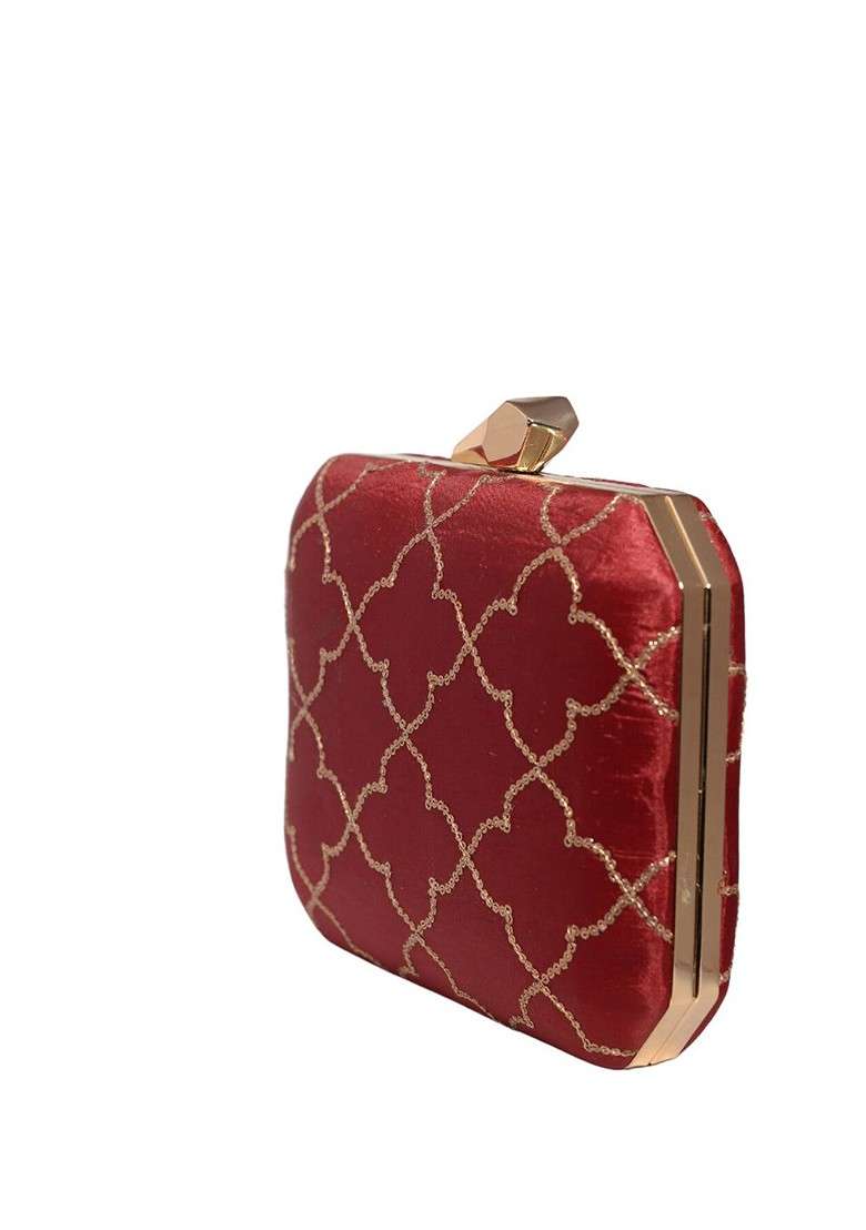 Maroon Satin Embroidered Sequined Box Clutch - Indya
