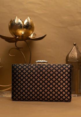 Black Satin Embroidered Brocade Box Clutch