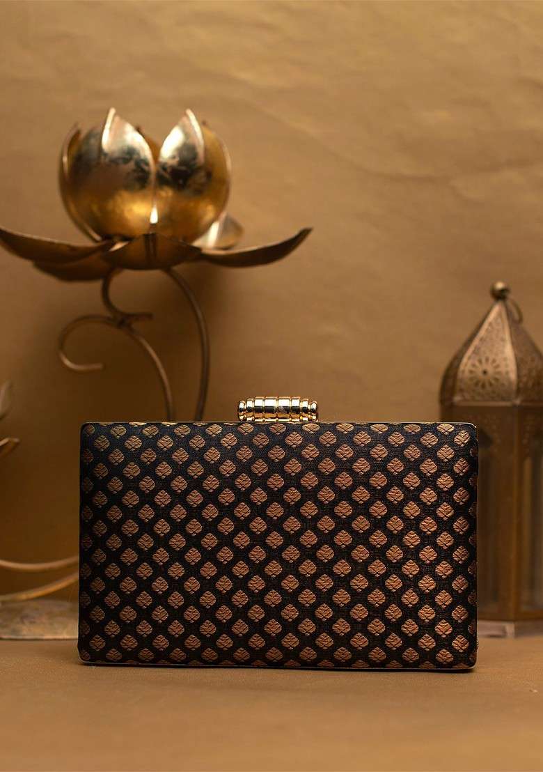 Black Satin Embroidered Brocade Box Clutch - Indya