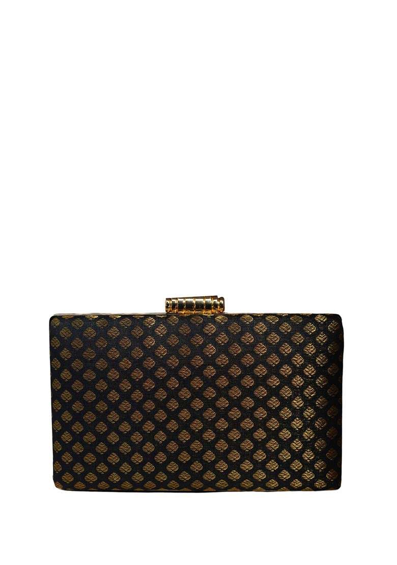 Black Satin Embroidered Brocade Box Clutch - Indya