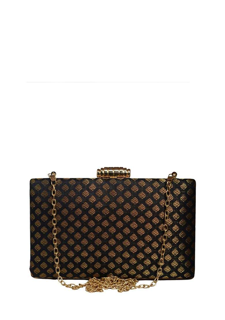 Black Satin Embroidered Brocade Box Clutch - Indya