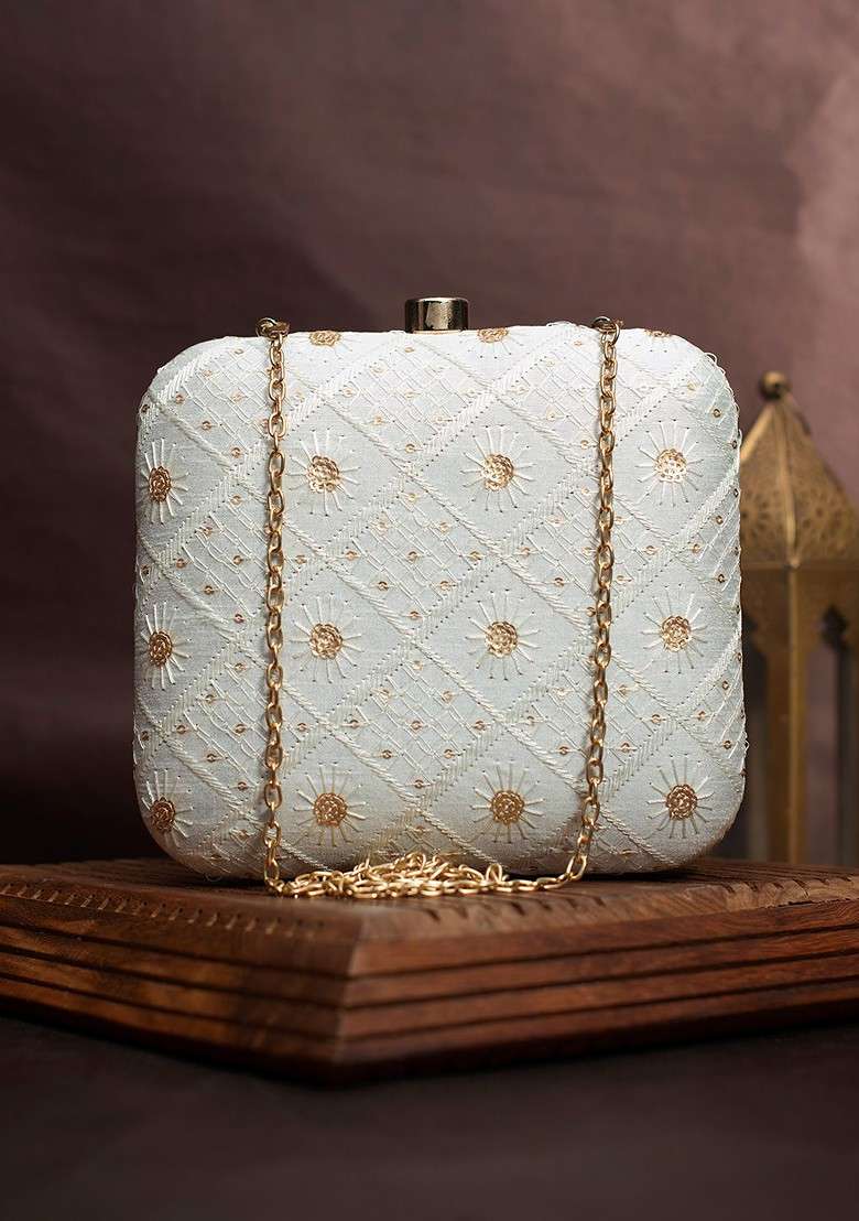White Satin Embroidered Box Clutch - Indya
