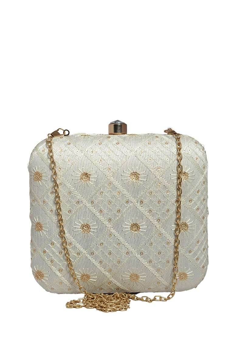 White Satin Embroidered Box Clutch - Indya