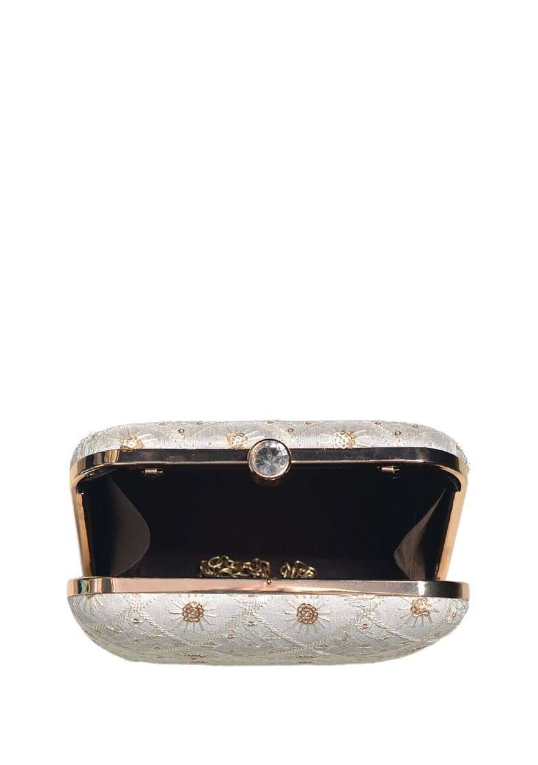 White Satin Embroidered Box Clutch - Indya