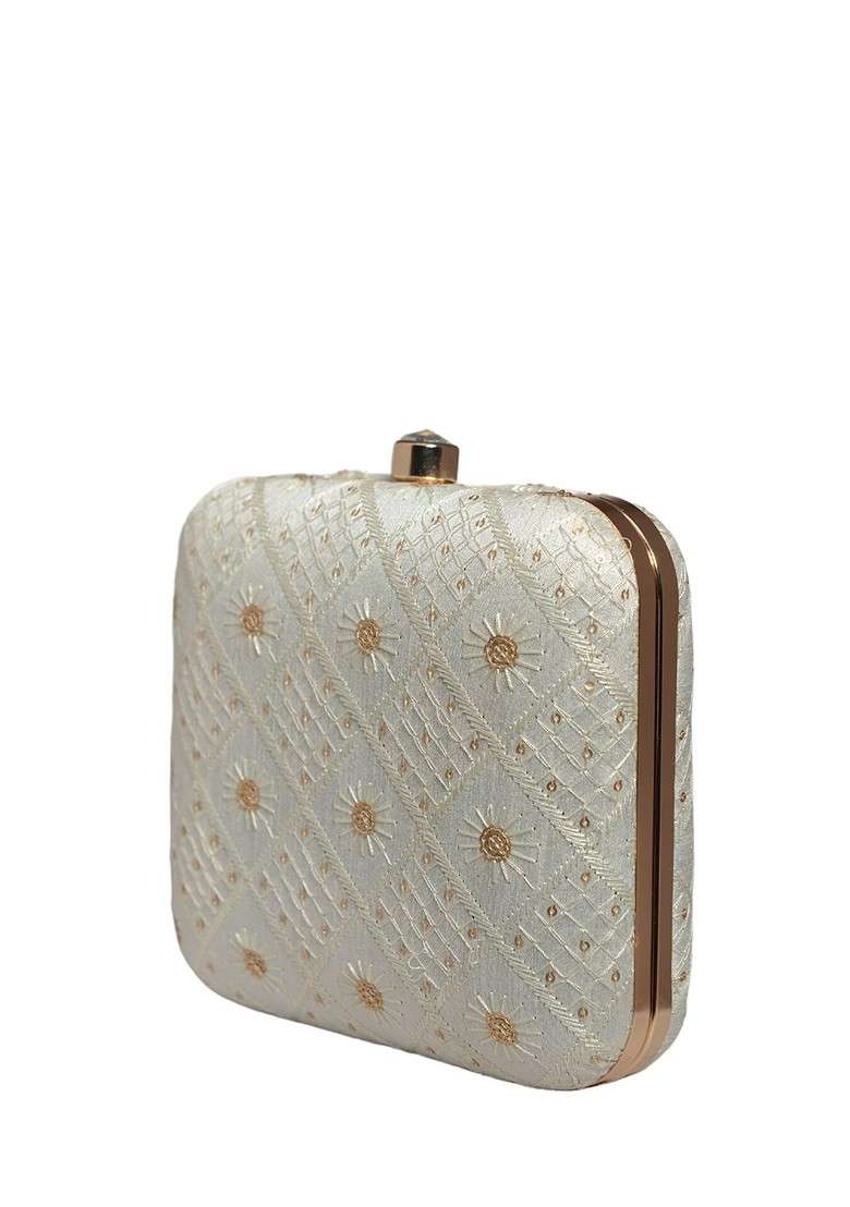 White Satin Embroidered Box Clutch - Indya