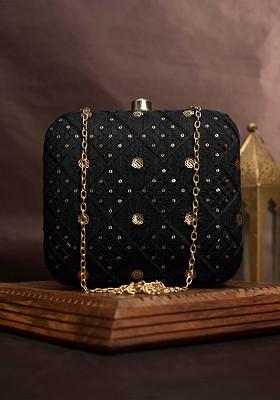 Black Satin Embroidered Box Clutch