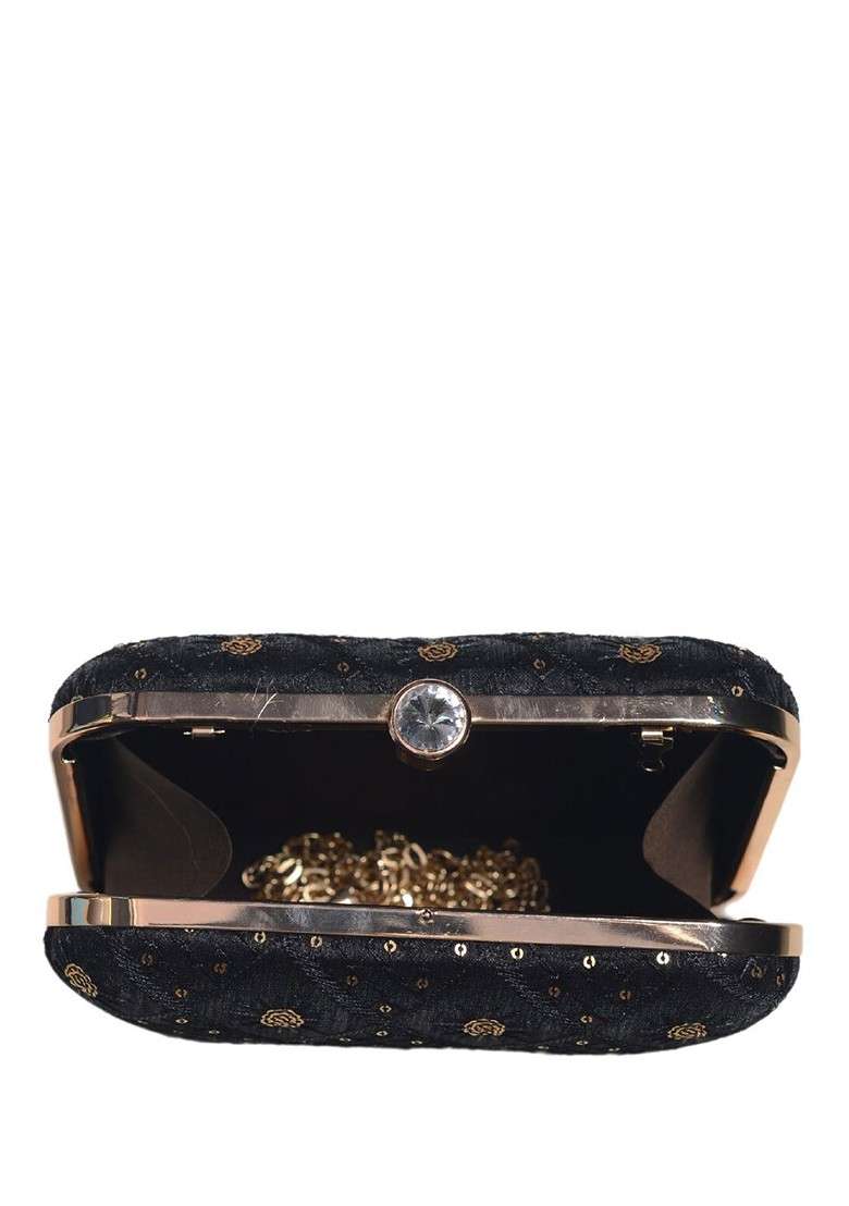 Black Satin Embroidered Box Clutch - Indya