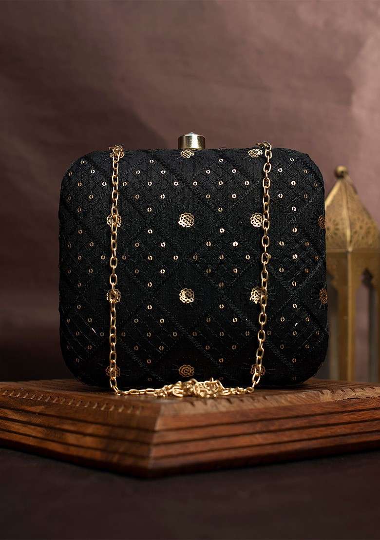 Black Satin Embroidered Box Clutch - Indya