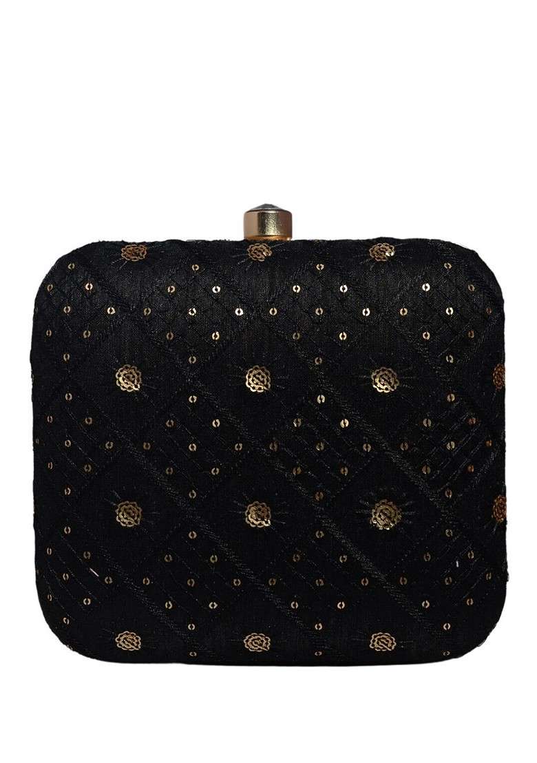 Black Satin Embroidered Box Clutch - Indya