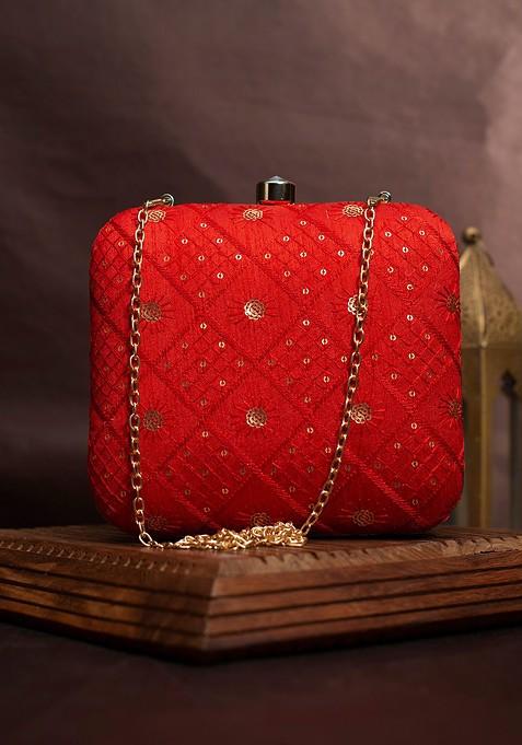 Red Satin Embroidered Box Clutch