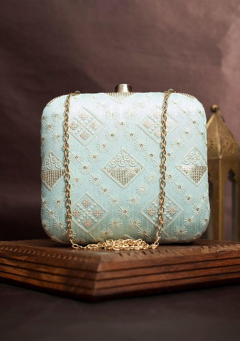 Blue Satin Embroidered Box Clutch - Indya