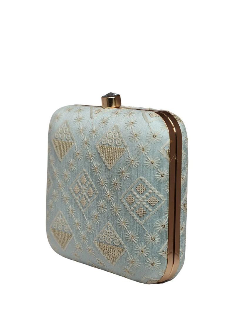Blue Satin Embroidered Box Clutch - Indya