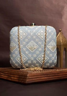 Grey Satin Embroidered Box Clutch