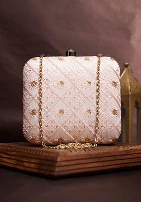 Pink Satin Embroidered Box Clutch