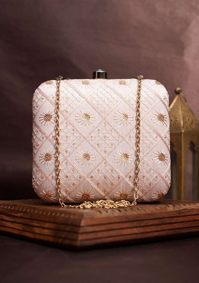 Pink Satin Embroidered Box Clutch - Indya