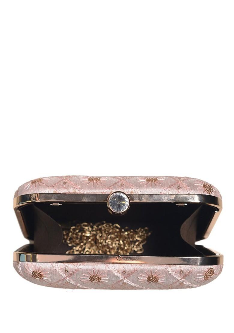 Pink Satin Embroidered Box Clutch