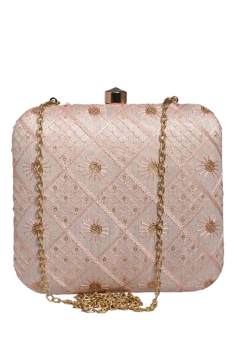 Pink Satin Embroidered Box Clutch - Indya