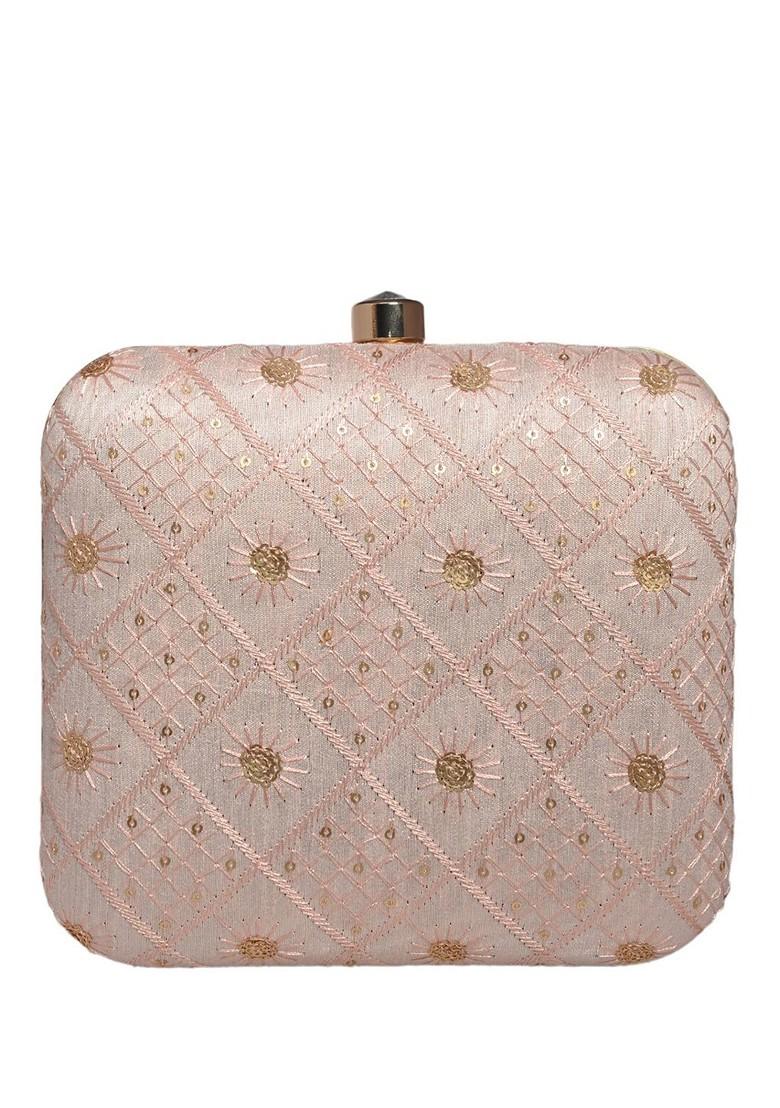 Pink Satin Embroidered Box Clutch