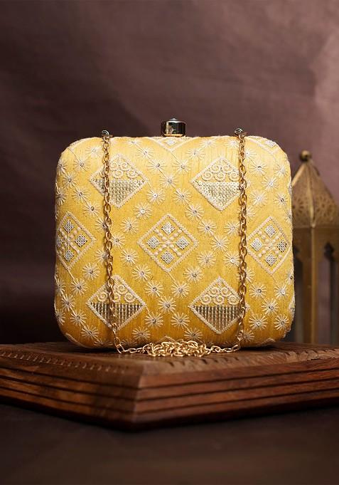 Yellow Satin Embroidered Box Clutch