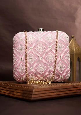 Pink Satin Embroidered Box Clutch