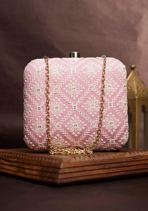 Pink Satin Embroidered Box Clutch